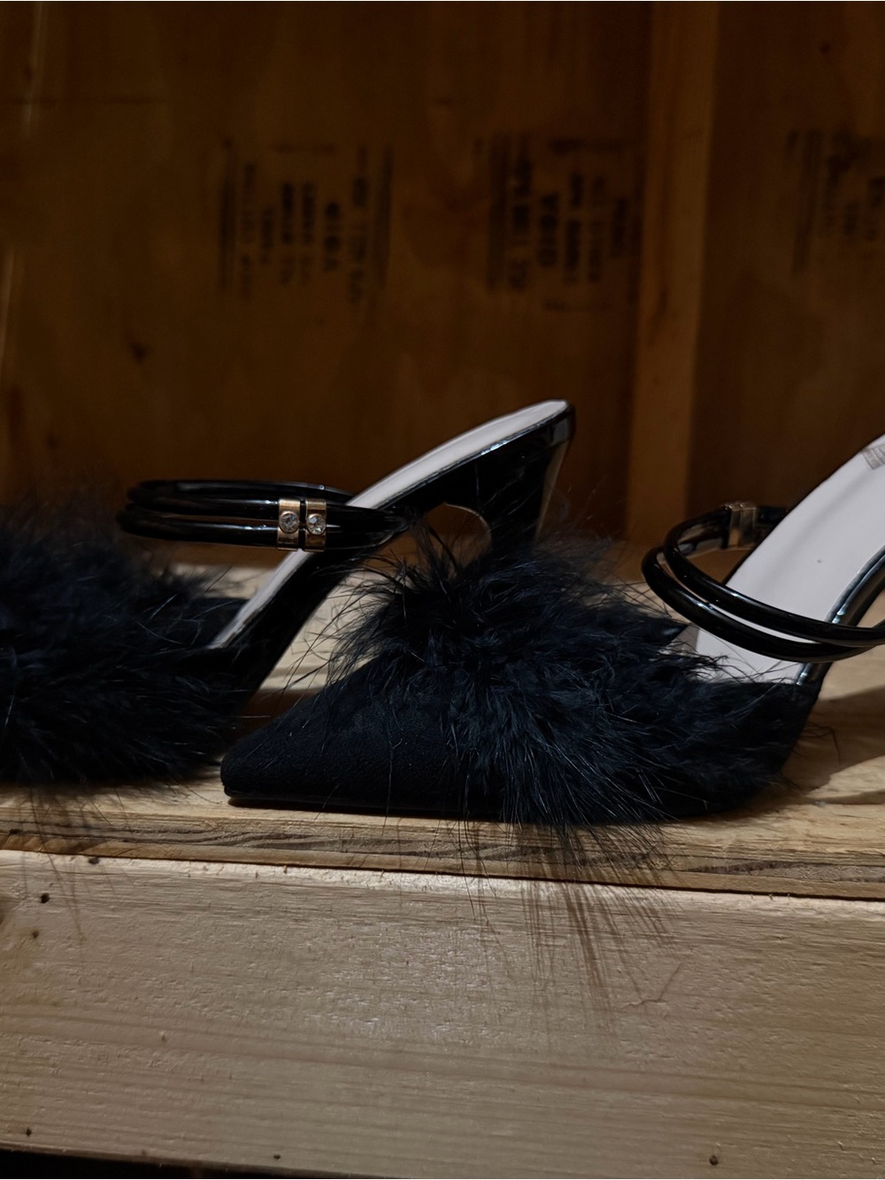 Black Fur-Trim Pointed Toe Women's Heels
